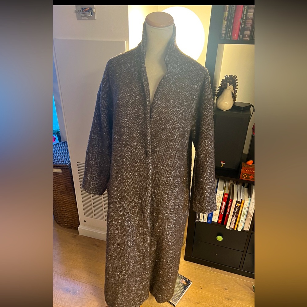 Brushed brown and baby blue herringbone overcoat. Brunch? Just add scarf.